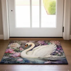 Swan Flowers Doormat Kitchen Mat Floor Mat Non-Slip Area Rug Oil Proof Rug Indoor Outdoor Mat Bedroom Decor Bathroom Mat Entrance Entreyway Rug