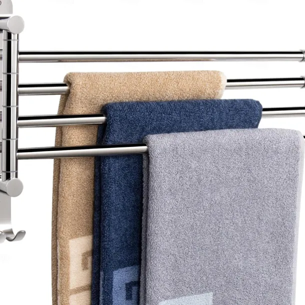 Swivel Towel Rack, Brass 4-Arm Towel Bar, Space Saving Wall Mounted Towel Holder with Hook, Rustproof Swing Out Towel Hanger for Bathroom, Kitchen