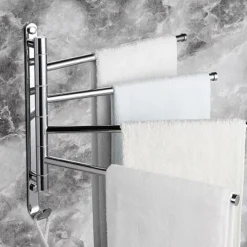 Swivel Towel Rack, Brass 4-Arm Towel Bar, Space Saving Wall Mounted Towel Holder with Hook, Rustproof Swing Out Towel Hanger for Bathroom, Kitchen