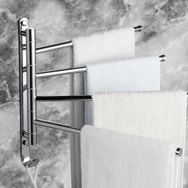 Swivel Towel Rack, Brass 4-Arm Towel Bar, Space Saving Wall Mounted Towel Holder with Hook, Rustproof Swing Out Towel Hanger for Bathroom, Kitchen