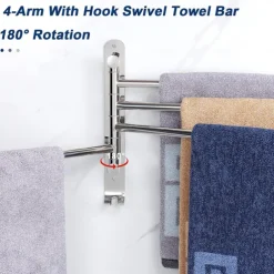 Swivel Towel Rack, Brass 4-Arm Towel Bar, Space Saving Wall Mounted Towel Holder with Hook, Rustproof Swing Out Towel Hanger for Bathroom, Kitchen