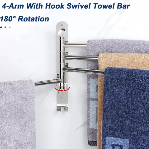Swivel Towel Rack, Brass 4-Arm Towel Bar, Space Saving Wall Mounted Towel Holder with Hook, Rustproof Swing Out Towel Hanger for Bathroom, Kitchen