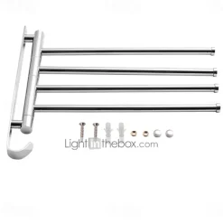 Swivel Towel Rack, Brass 4-Arm Towel Bar, Space Saving Wall Mounted Towel Holder with Hook, Rustproof Swing Out Towel Hanger for Bathroom, Kitchen