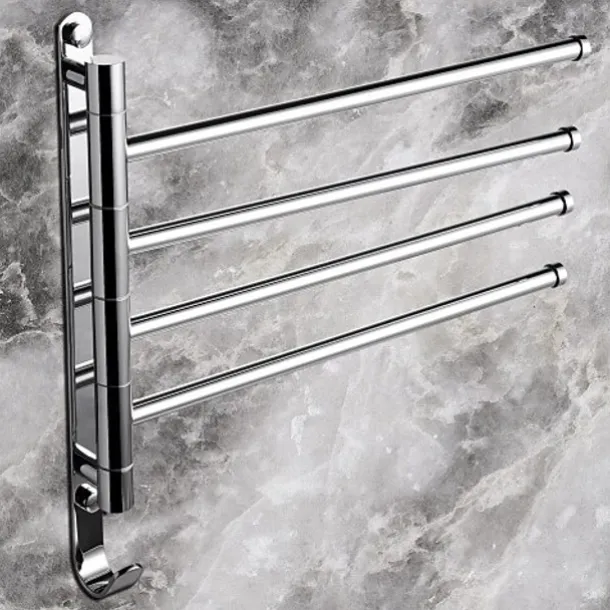 Swivel Towel Rack, Brass 4-Arm Towel Bar, Space Saving Wall Mounted Towel Holder with Hook, Rustproof Swing Out Towel Hanger for Bathroom, Kitchen
