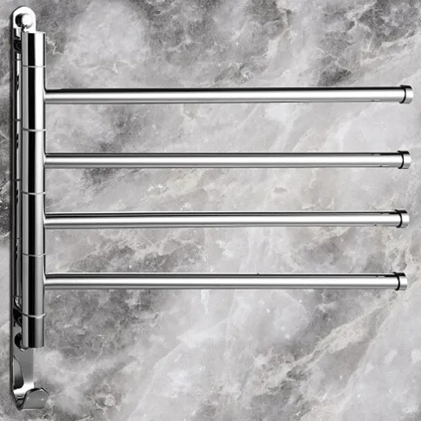 Swivel Towel Rack, Brass 4-Arm Towel Bar, Space Saving Wall Mounted Towel Holder with Hook, Rustproof Swing Out Towel Hanger for Bathroom, Kitchen