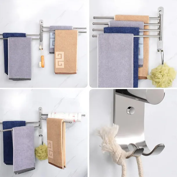 Swivel Towel Rack, Brass 4-Arm Towel Bar, Space Saving Wall Mounted Towel Holder with Hook, Rustproof Swing Out Towel Hanger for Bathroom, Kitchen