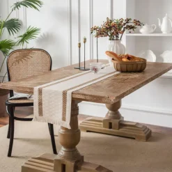 Table Runner Cotton Line Farmhouse Style Table Decor Cover for Wedding Party Tea Party Festival Khaki