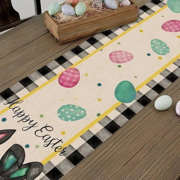 Table Runner, Happy Easter Table Runner, Cute Rabbit Bunny Egg Pattern Table Cover, Easter Atmospheric Table Runner, Holiday Desktop Decoration Fabric Table Runner,Easter Decor