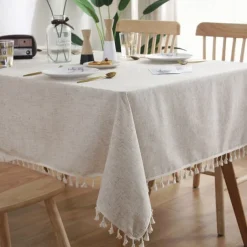 Tablecloth Art Nordic Bamboo Knotted Linen with Tassel Tablecloth Tea Coffee Table for Dining Table Home Room Decoration