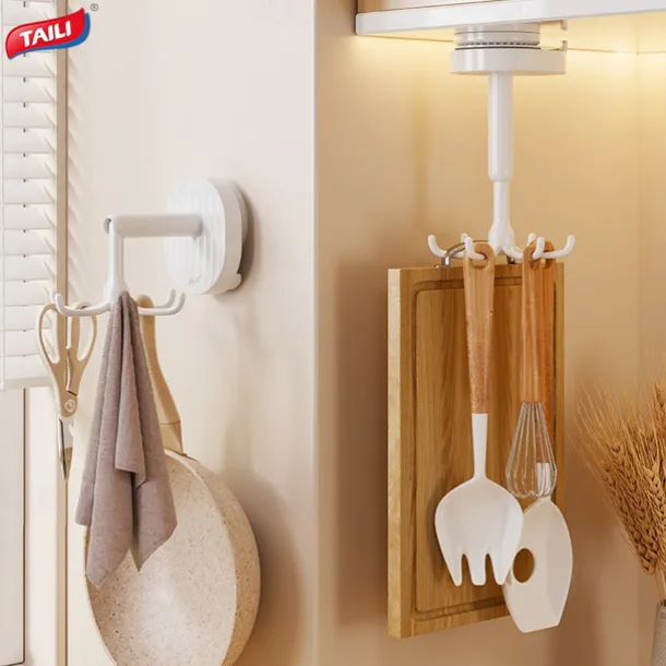 TAILI 360 Rotating Self-Adhesive Utensil Hook, Multi-Purpose Hanging Utensil Holder Vertical Flip Hooks, Rotating Folding Self Adhesive Hook for Home