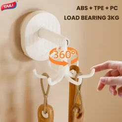 TAILI 360 Rotating Self-Adhesive Utensil Hook, Multi-Purpose Hanging Utensil Holder Vertical Flip Hooks, Rotating Folding Self Adhesive Hook for Home