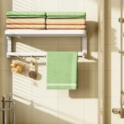 TAILI Aluminum Alloy Suction Cup Towel Rack with Towel Bar Holder, No Drill Foldable Towel Shelf with Hooks,Towel Storage Organizer for Bathroom Bath Shower