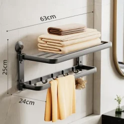 TAILI Aluminum Alloy Suction Cup Towel Rack with Towel Bar Holder, No Drill Foldable Towel Shelf with Hooks,Towel Storage Organizer for Bathroom Bath Shower