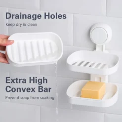 TAILI Double Layer Soap Dish Suction Cup Soap Holder, Strong Sponge Holder for Shower, Bathroom, Tub and Kitchen Sink, Drill-Free, Removable