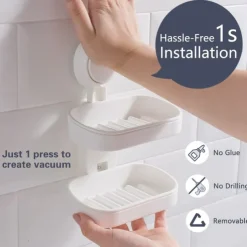 TAILI Double Layer Soap Dish Suction Cup Soap Holder, Strong Sponge Holder for Shower, Bathroom, Tub and Kitchen Sink, Drill-Free, Removable