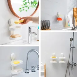 TAILI Double Layer Soap Dish Suction Cup Soap Holder, Strong Sponge Holder for Shower, Bathroom, Tub and Kitchen Sink, Drill-Free, Removable