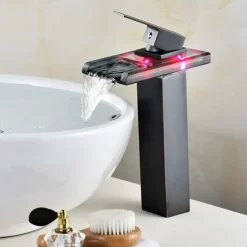 Temperature control LED Bathroom Sink Faucet,Tall Body Golden Basin Tap Single Handle One Hole Bath Tap