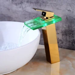 Temperature control LED Bathroom Sink Faucet,Tall Body Golden Basin Tap Single Handle One Hole Bath Tap