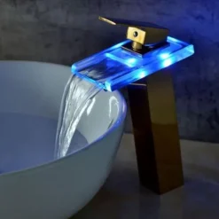 Temperature control LED Bathroom Sink Faucet,Tall Body Golden Basin Tap Single Handle One Hole Bath Tap