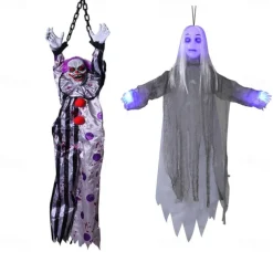 Terrifying Hanging Women Ghost, Halloween Scary Realistic Hanging Dead Body with Glowing Eyes, 3.93 Ft Sound Activated Hanging Ghost for Halloween Haunted Houses Party Outdoor Decorations
