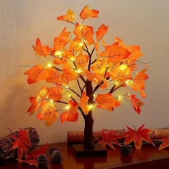 Thanksgiving Fall Maple Tree Lights 24LEDs Battery Powered Simulated Pumpkin Maple Leaf Lights for Holiday Home Parties Halloween Christmas Atmosphere Desktop Decoration (AA Batteries Excluded)