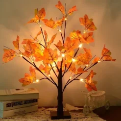 Thanksgiving Fall Maple Tree Lights 24LEDs Battery Powered Simulated Pumpkin Maple Leaf Lights for Holiday Home Parties Halloween Christmas Atmosphere Desktop Decoration (AA Batteries Excluded)