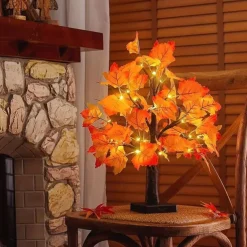 Thanksgiving Fall Maple Tree Lights 24LEDs Battery Powered Simulated Pumpkin Maple Leaf Lights for Holiday Home Parties Halloween Christmas Atmosphere Desktop Decoration (AA Batteries Excluded)