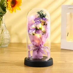 The Eternal Rose Bouquet Gift for Mom, Preserved Soap Flowers in Glass Dome with Light, Mother's Day Birthday Decoration for Women