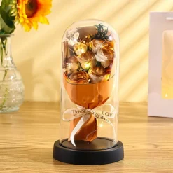 The Eternal Rose Bouquet Gift for Mom, Preserved Soap Flowers in Glass Dome with Light, Mother's Day Birthday Decoration for Women