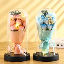 The Eternal Rose Bouquet Gift for Mom, Preserved Soap Flowers in Glass Dome with Light, Mother's Day Birthday Decoration for Women