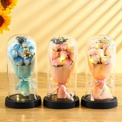 The Eternal Rose Bouquet Gift for Mom, Preserved Soap Flowers in Glass Dome with Light, Mother's Day Birthday Decoration for Women