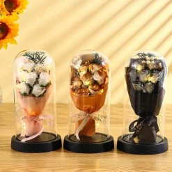 The Eternal Rose Bouquet Gift for Mom, Preserved Soap Flowers in Glass Dome with Light, Mother's Day Birthday Decoration for Women
