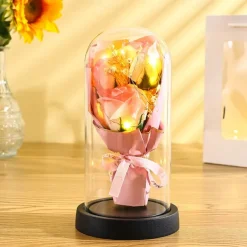 The Eternal Rose Bouquet Gift for Mom, Preserved Soap Flowers in Glass Dome with Light, Mother's Day Birthday Decoration for Women