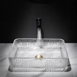 The modern light luxury transparent art rectangular die-cast glass wash basin with faucet sink