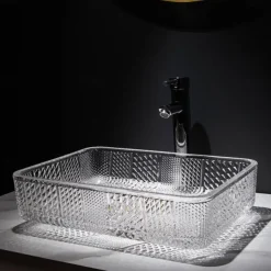 The modern light luxury transparent art rectangular die-cast glass wash basin with faucet sink