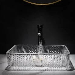The modern light luxury transparent art rectangular die-cast glass wash basin with faucet sink