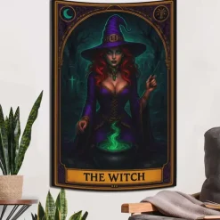 The Witch Tarot Card Style Wall Tapestry Backdrop, Gothic Occult Halloween Decoration for 2025 Halloween Living Room, Bedroom
