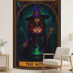 The Witch Tarot Card Style Wall Tapestry Backdrop, Gothic Occult Halloween Decoration for 2025 Halloween Living Room, Bedroom