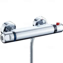 Thermostatic Shower Mixer Bar Wall Mounted Chrome, Shower Mixer Tap with 38℃ Anti Scald Safty Button, Outlet G1/2 Round Mixer Bar Wall Mount