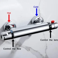 Thermostatic Shower Mixer Bar Wall Mounted Chrome, Shower Mixer Tap with 38℃ Anti Scald Safty Button, Outlet G1/2 Round Mixer Bar Wall Mount