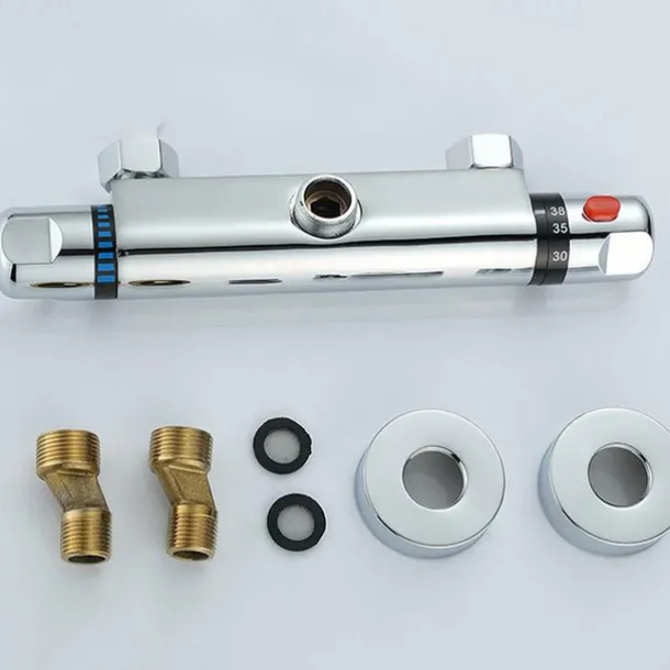 Thermostatic Shower Mixer Bar Wall Mounted Chrome, Shower Mixer Tap with 38℃ Anti Scald Safty Button, Outlet G1/2 Round Mixer Bar Wall Mount