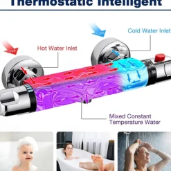 Thermostatic Shower Mixer Bar Wall Mounted Chrome, Shower Mixer Tap with 38℃ Anti Scald Safty Button, Outlet G1/2 Round Mixer Bar Wall Mount