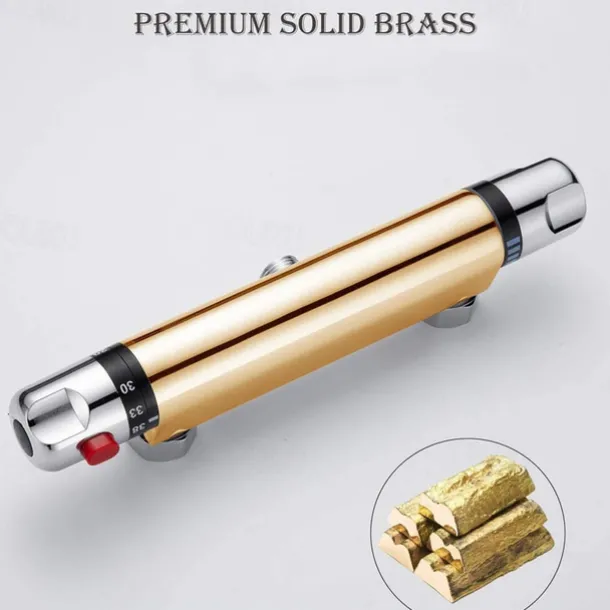 Thermostatic Shower Mixer Bar Wall Mounted Chrome, Shower Mixer Tap with 38℃ Anti Scald Safty Button, Outlet G1/2 Round Mixer Bar Wall Mount