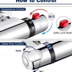 Thermostatic Shower Mixer Bar Wall Mounted Chrome, Shower Mixer Tap with 38℃ Anti Scald Safty Button, Outlet G1/2 Round Mixer Bar Wall Mount