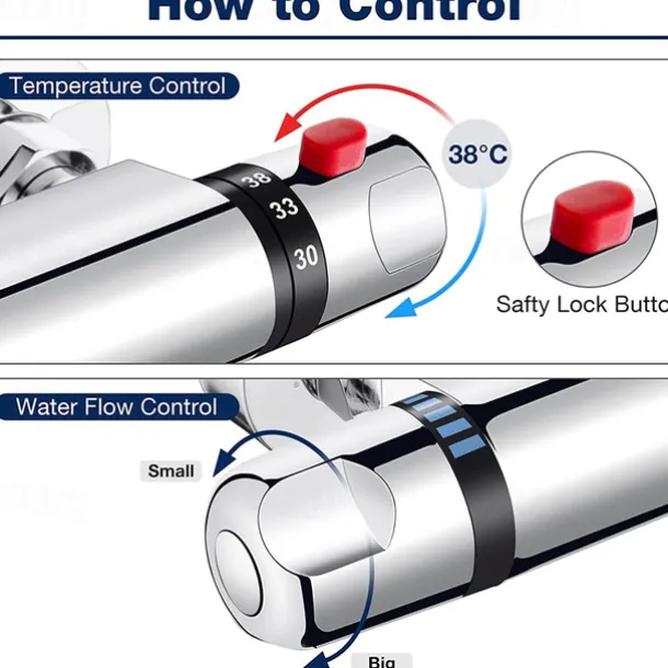Thermostatic Shower Mixer Bar Wall Mounted Chrome, Shower Mixer Tap with 38℃ Anti Scald Safty Button, Outlet G1/2 Round Mixer Bar Wall Mount