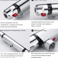 Thermostatic Shower Mixer Bar Wall Mounted Chrome, Shower Mixer Tap with 38℃ Anti Scald Safty Button, Outlet G1/2 Round Mixer Bar Wall Mount