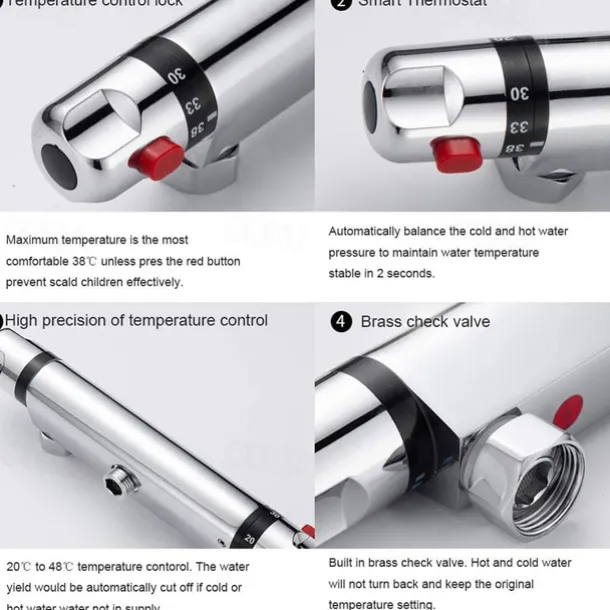 Thermostatic Shower Mixer Bar Wall Mounted Chrome, Shower Mixer Tap with 38℃ Anti Scald Safty Button, Outlet G1/2 Round Mixer Bar Wall Mount