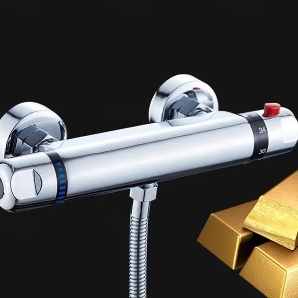 Thermostatic Shower Mixer Bar Wall Mounted Chrome, Shower Mixer Tap with 38℃ Anti Scald Safty Button, Outlet G1/2 Round Mixer Bar Wall Mount