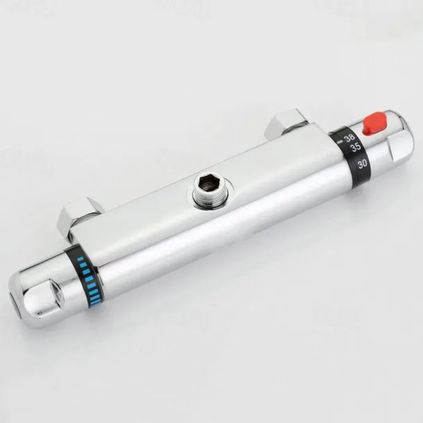 Thermostatic Shower Mixer Bar Wall Mounted Chrome, Shower Mixer Tap with 38℃ Anti Scald Safty Button, Outlet G1/2 Round Mixer Bar Wall Mount