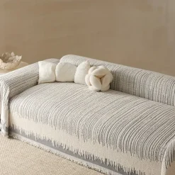 Thickened Sofa Blanket Autumn And Winter Gradient Striped Jacquard Half Velvet Sofa Towel With Tassels Multi-functional Blanket